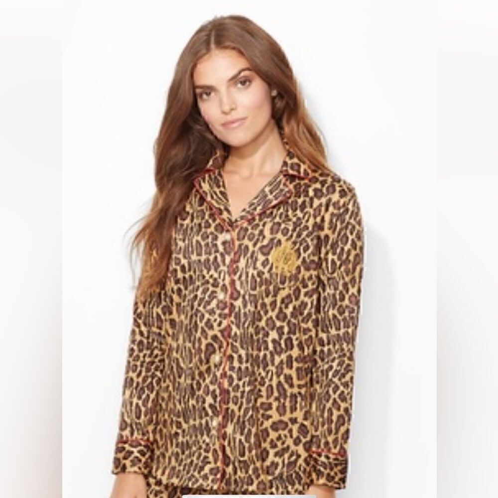 Lauren Ralph Lauren pejama Top womens Small button up animal print crest fleece‎